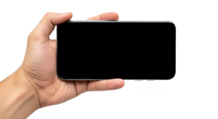 A person's hand holding a modern smartphone horizontally with a blank black screen, isolated on a white background.