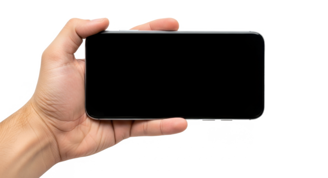 A person's hand holding a modern smartphone horizontally with a blank black screen, isolated on a white background.
