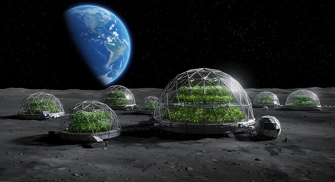 Future moon base cultivates vibrant crops under Earth's watchful gaze
