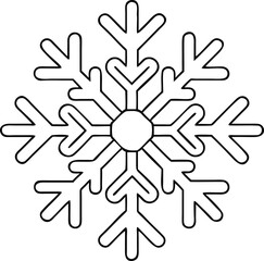 Snowflake line art vector icon. A classic black and white outline symbol of a snow or ice crystal. A minimalist graphic for a winter, Christmas, or holiday-themed design