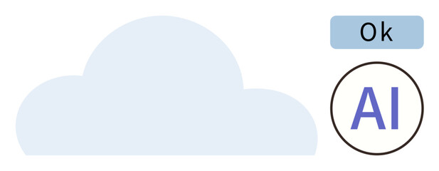 Soft blue cloud, AI label in a circular frame, and Ok notification box. Ideal for technology, cloud data, AI systems, approval process, innovation automation and digital services. Minimal flat
