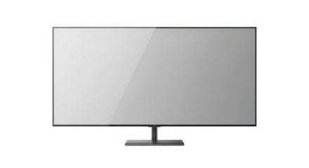 A modern flat-screen television with a blank grey screen and a central stand, isolated on a white background.