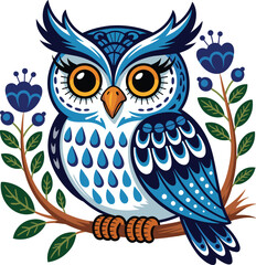 Cute blue owl cartoon illustration on branch, stylized vector artwork, whimsical bird drawing, decorative animal design, children’s nature art