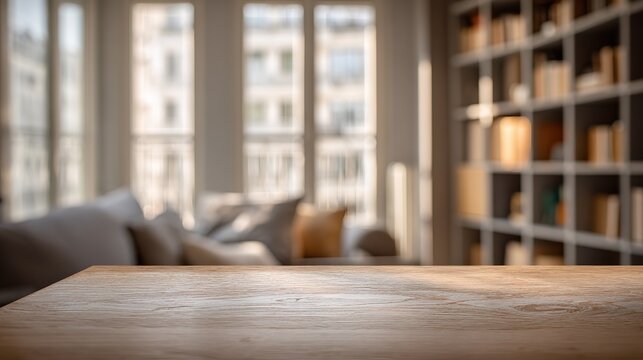 Close-up of empty wooden table with visible grain texture, natural light creating soft shadows against blurred living room sofa and bookcase background.