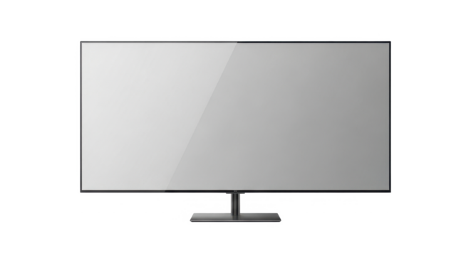 A modern flat-screen television with a blank grey screen and a central stand, isolated on a white background.