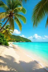 Obraz premium Sun-drenched beach scene with vibrant turquoise water, golden sand, and lush palm trees swaying gently in a warm breeze Perfect for summer vacation and travel themes , blue, paradise, travel
