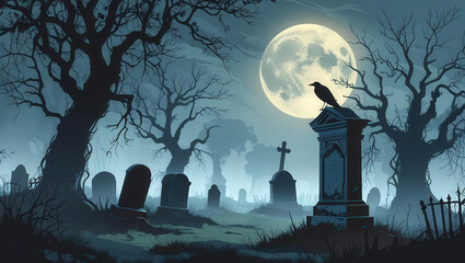 Spooky Halloween Cemetery Scene Under a Full Moon with a Crow on a Gravestone