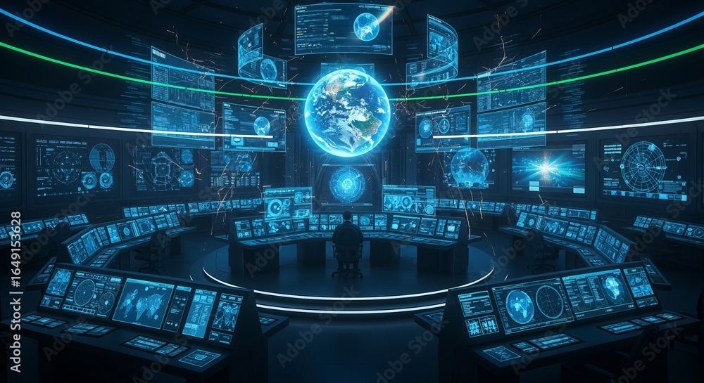 Poster global network security control room with earth data analysis and digital technology interface displ