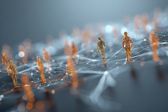 Abstract network of interconnected figures. Multiple translucent, polygonal figures in orange and pale gray, walking on a web of connecting lines, creating a sense of digital community
