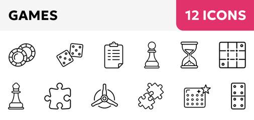 Naklejka premium collection of game icons included are dice, chess, puzzles, game pieces 