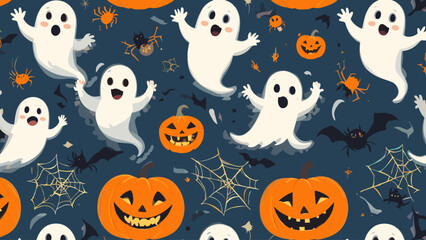 Cute Halloween Seamless Pattern with Ghosts, Jack-o'-Lanterns, Bats & Spiders. Fun Holiday Background Design.