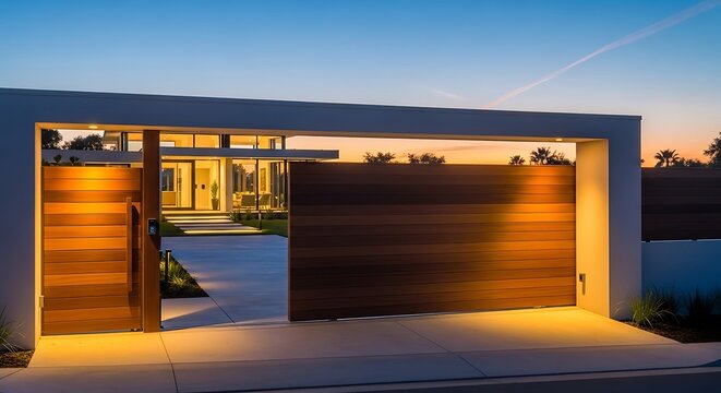 Modern residence illuminated at dusk showcasing architectural design and wood gates offering
