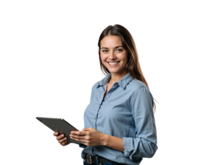 Young female student holding tablet isolated on transparent background