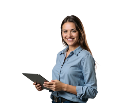 Young female student holding tablet isolated on transparent background