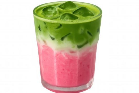 Layered matcha and strawberry milk beverage in glass, chilled with ice cubes, resting on transparent surface