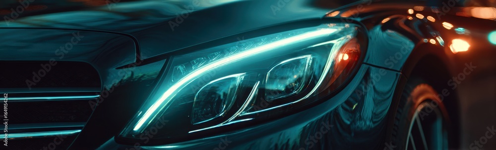 Poster the close-up shot captures the illuminated headlight of a vehicle, showcasing its intricate design a