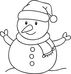 Snowman line art vector illustration on transparent background