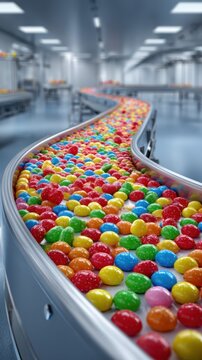 Colorful candy is transported on a conveyor belt in a modern candy factory during a busy production day