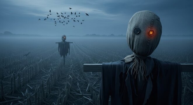 Eerie scarecrow guarding misty autumn field with flock of crows in flight creates a thrilling Halloween vibe for spooky seasonal designs