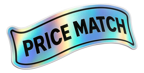 Glossy ribbon banner sticker with PRICE MATCH text, appealing retail promo offer on transparent background.