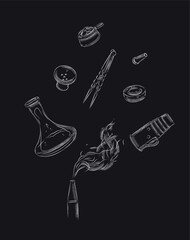 Hookah and accessories collection bowl, coal, tongs, heat management, hose, vase drawing with white on black background