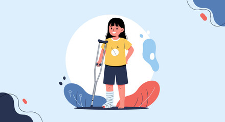 Young girl with broken leg and arm using crutches and walking cast feeling happy