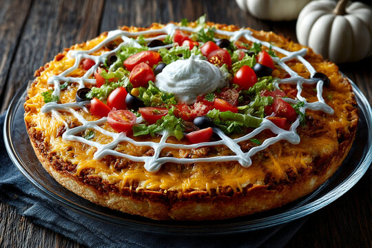 Festive Mexican Taco Dip Pizza with Sour Cream Spider Web Decoration