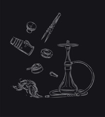 Fototapeta premium Hookah and accessories set bowl, coal, tongs, heat management, hose, vase, wind shield drawing with white on black background