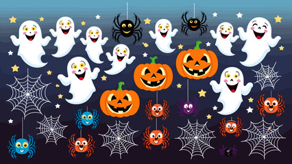 Halloween Spooky Cute Cartoon Collection: Ghosts, Jack-o'-Lanterns, Spiders, Webs, and Stars for Festive Design