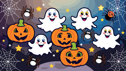 Happy Halloween Cartoon Illustration with Cute Ghosts, Jack-o'-Lanterns, Spiders, and Stars on a Spooky Night