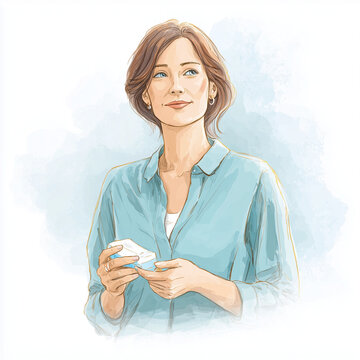 Dibujo en acuarela de una mujer con una toallita higi&eacute;nica. Informaci&oacute;n sobre higiene &iacute;ntima e incontinencia urinaria en mujeres de mediana edad o edad avanzada. Tonos azules. Datos ginecol&oacute;gicos