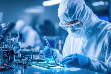 A technician in protective gear works meticulously on a circuit board in a cleanroom environment, highlighting precision in electronics manufacturing.