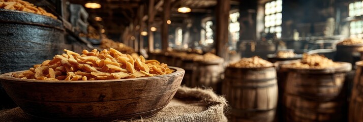 Rustic food market showcases wooden bowl filled with golden fried snacks and wooden barrels in a warm, vintage location