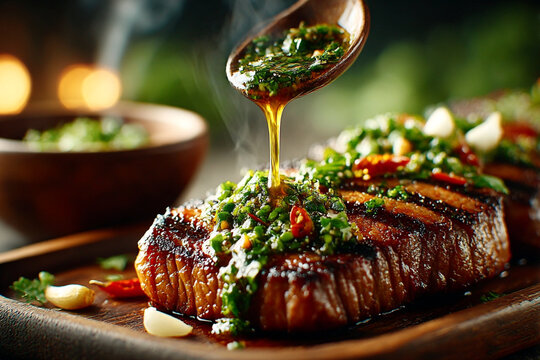Grilled Steak with Fresh Chimichurri Sauce and Garlic Garnish