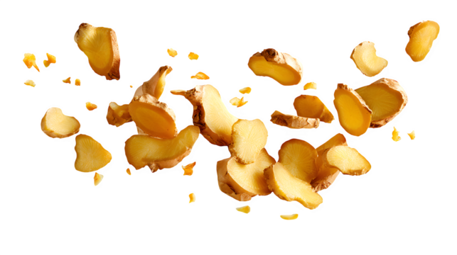 Falling ginger slices mid-air isolated on white