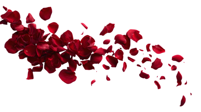 Falling red rose petals and leaves isolated on white