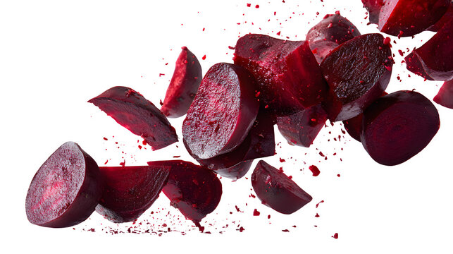 Falling sliced beetroot pieces isolated on white