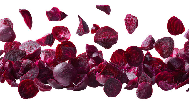 Falling sliced beetroot pieces isolated on white