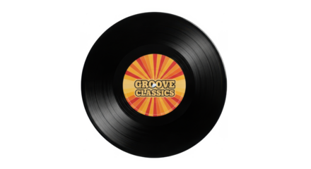 A black vinyl record with a vibrant orange and yellow sunburst label that reads 'Groove Classics'.