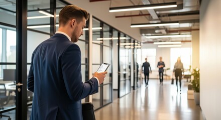 Businessman using technology in office building corridor with colleagues and glass doors and bright light