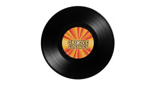 A black vinyl record with a vibrant orange and yellow sunburst label that reads 'Groove Classics'.