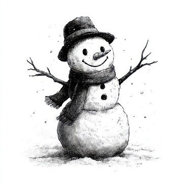 Winter snowman stands proudly in a snowy landscape with a cheerful smile and a classic hat and scarf
