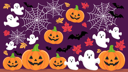 Playful Halloween Background with Jack-o'-Lanterns, Ghosts, Bats, and Spiderwebs on Purple