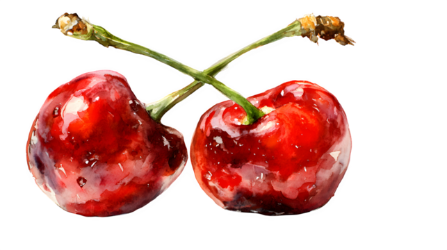 Watercolor painting of two cherries with stems isolated on white