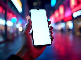 a person holding a smartphone with a blank screen at night