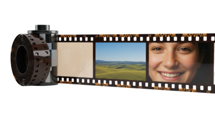 A roll of 35mm camera film unspooling to reveal frames of a landscape and a smiling woman.