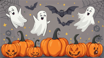 Halloween Cartoon Collection: Playful Ghosts, Flying Bats, and Orange Jack-o'-Lanterns with Pumpkins