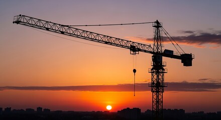 Silhouette crane construction building industry sunset skyline orange evening sky urban landscape