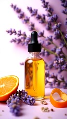 Aromatherapy essential oil bottle with lavender and orange slices