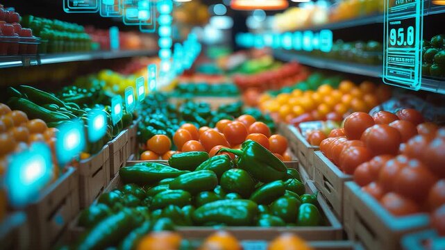 Fresh assorted vegetables displayed in wooden crates on illuminated grocery store shelves with colorful produce under bright market lighting
